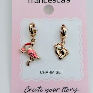 Francesca’s Charm Bar Pink Flamingo + Baby Feet Gold Charm Set - Girl